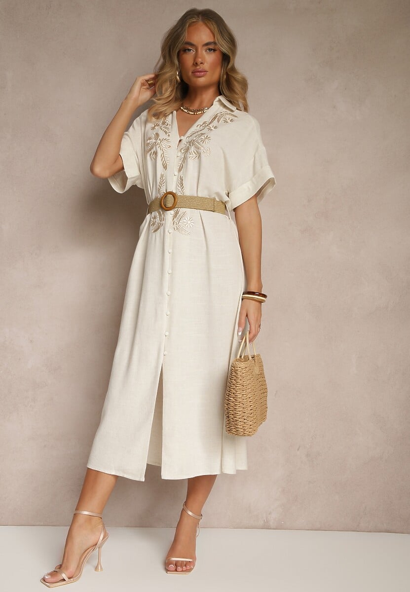 Beżowa Koszulowa Sukienka z Lnu i Wiskozy z Haftem i Plecionym Paskiem Atelessa