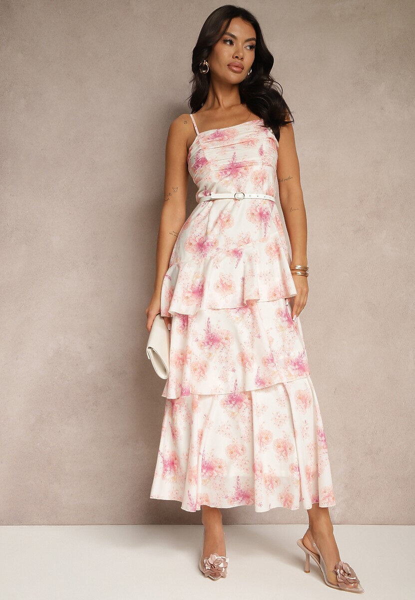 Różowa Sukienka na Ramiączkach z Falbankami i Marszczeniem w Kwiatowy Wzór Revoreine