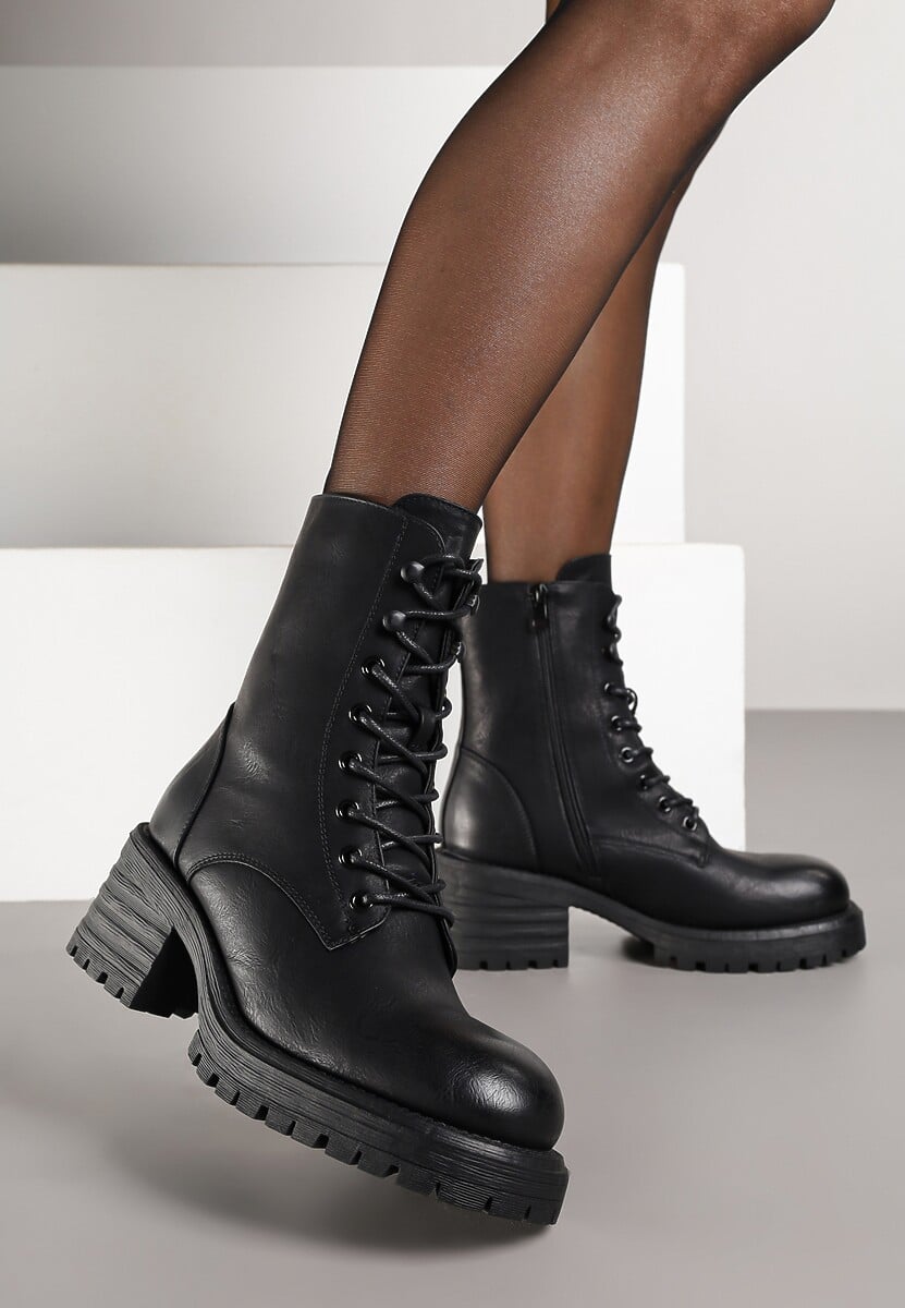 Czarne Sznurowane Botki Workery na Słupku z Ociepleniem Ciabella