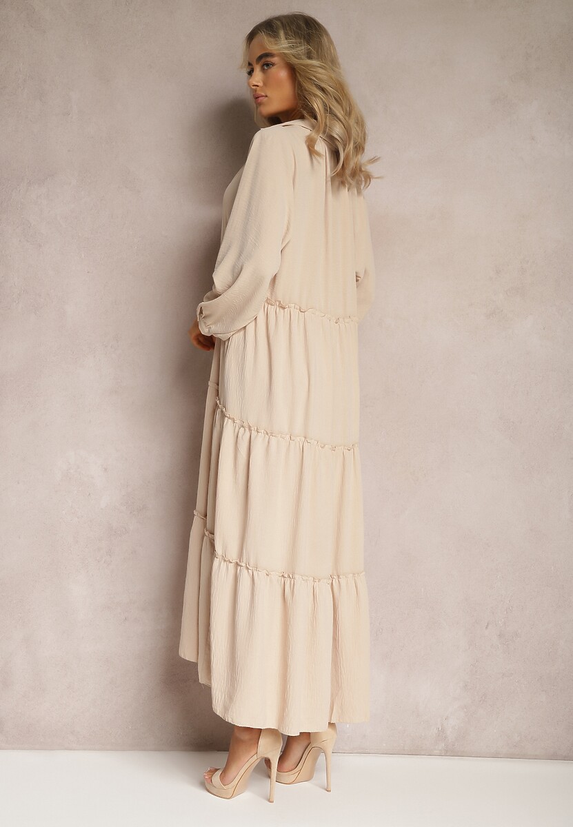 Beżowa Rozkloszowana Sukienka Maxi z Falbankami i Kołnierzykiem Rehtima
