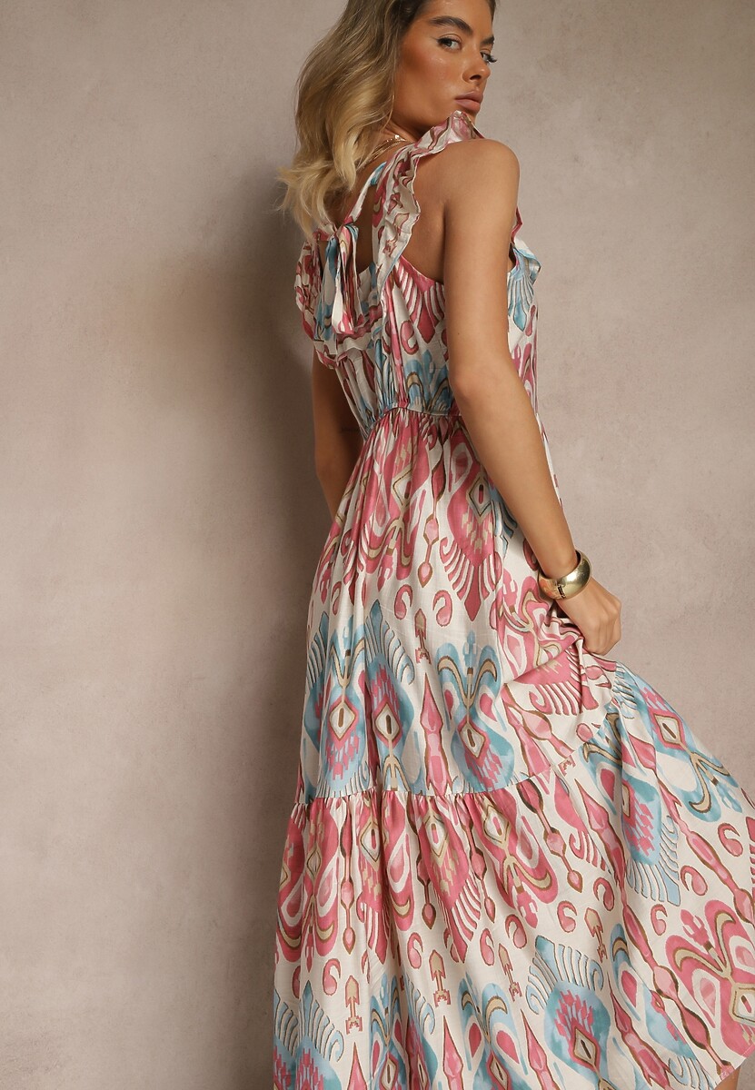 Niebieska Sukienka Rozkloszowana Wiskozowa Wiązana na Plecach we Wzór Boho Turieza