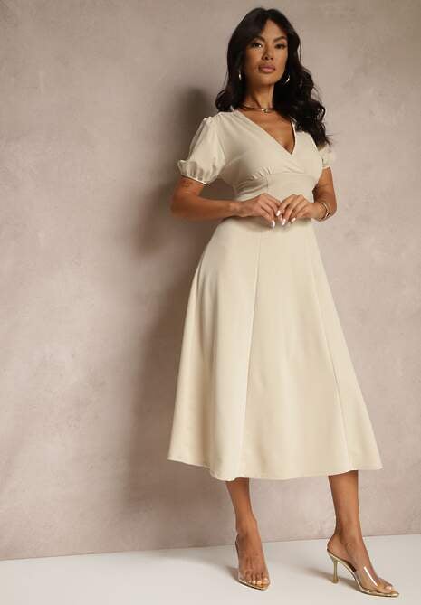 Beżowa Rozkloszowana Sukienka Koktajlowa Ozdobiona Wiązaniem Ziverine