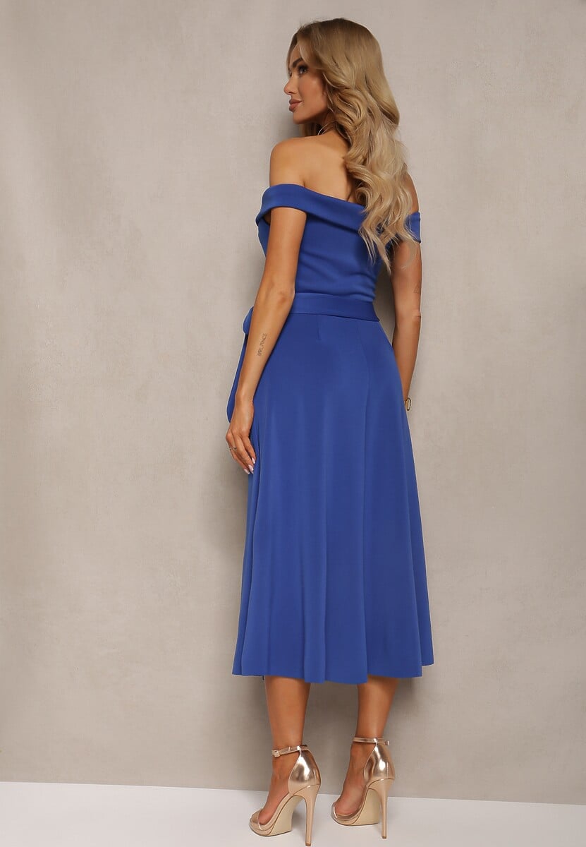 Granatowa Sukienka Wieczorowa Hiszpanka z Materiałowym Paskiem Yellia