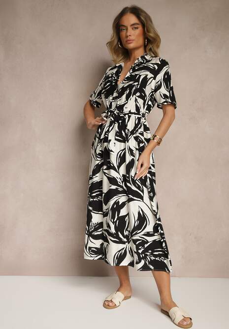 Czarno-Biała Koszulowa Sukienka z Wiskozy z Wiązanym Paskiem Ullosaria