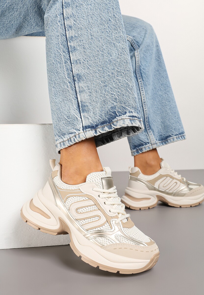 Beżowe Sneakersy na Platformie z Tłoczeniem z Geometrycznym Motywem Delothiel