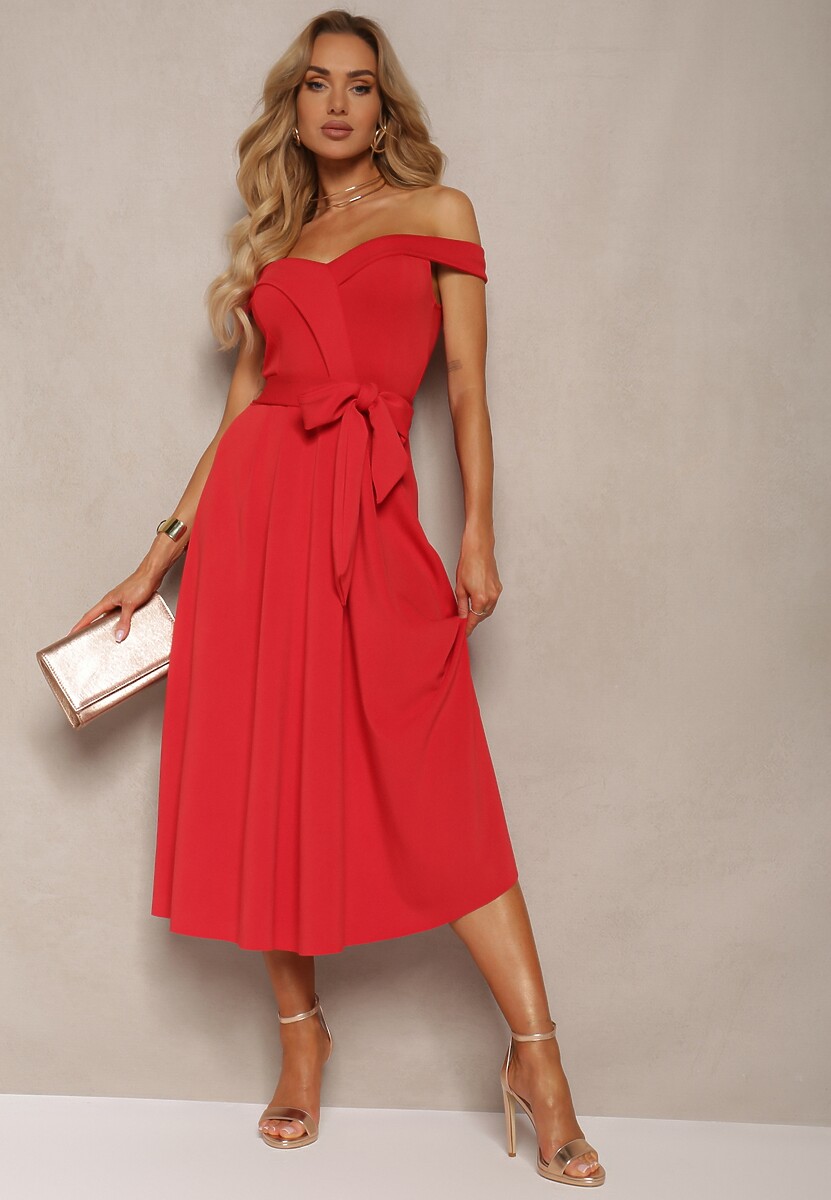 Ciemnofioletowa Sukienka Wieczorowa Hiszpanka z Materiałowym Paskiem Yellia