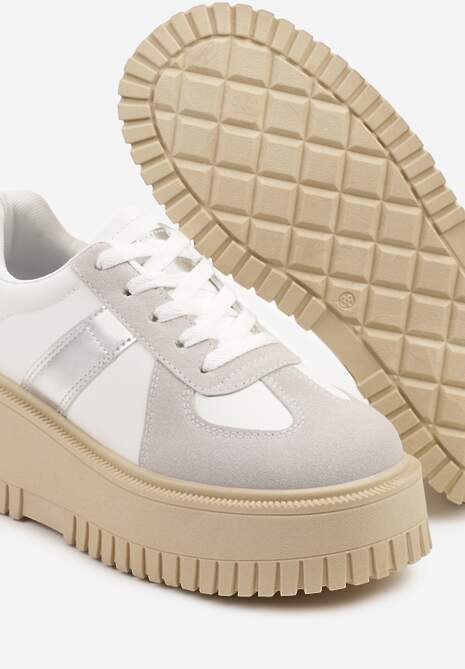 Biało-Szare Sneakersy na Platformie Ozdobione Paskiem Vivesse