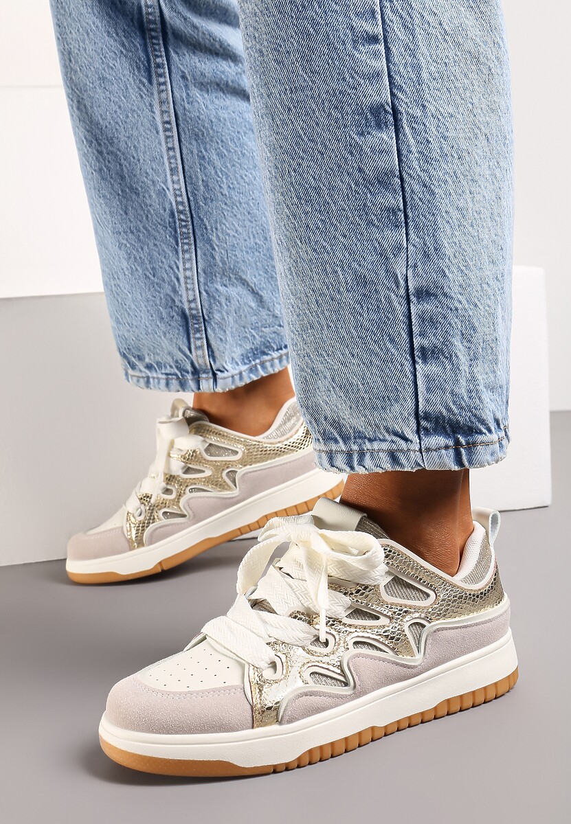 Złote Sneakersy z Metalicznym Błyskiem i Podwójnym Sznurowaniem Piniara