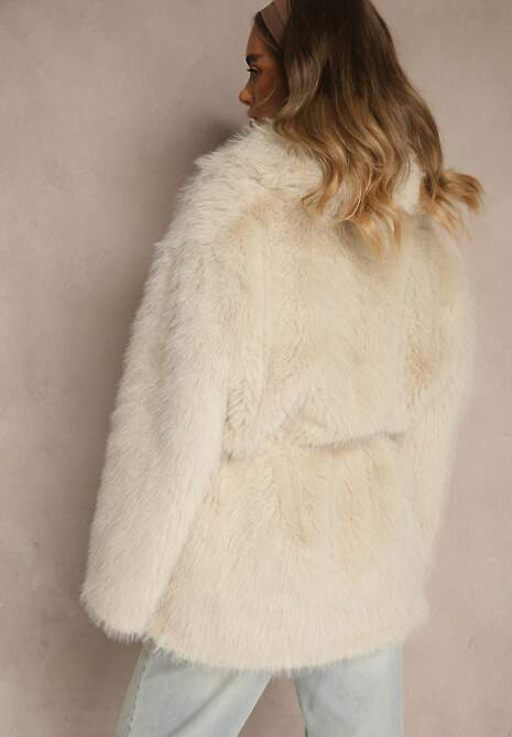 Beżowa Klasyczna Kurtka Futerko z Wąskim Wiązanym Paskiem w Talii Casfitta