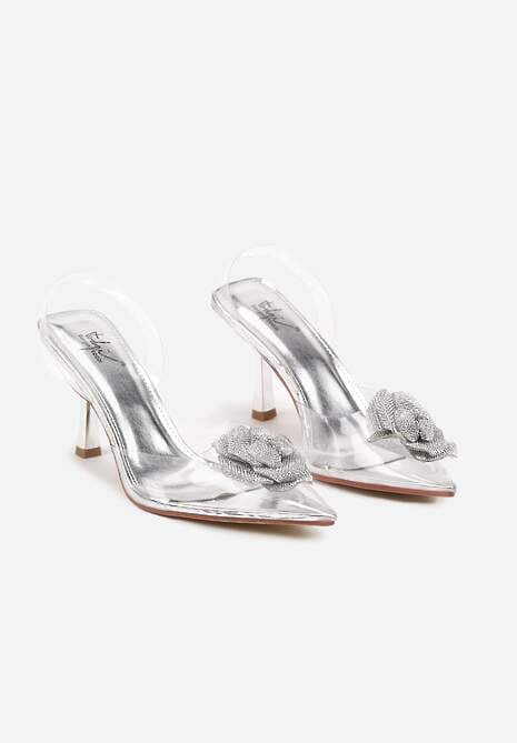 Srebrne Czółenka na Szpilce z Transparentnymi Wstawkami i Ozdobnym Kwiatem z Cyrkoniami Arsisna