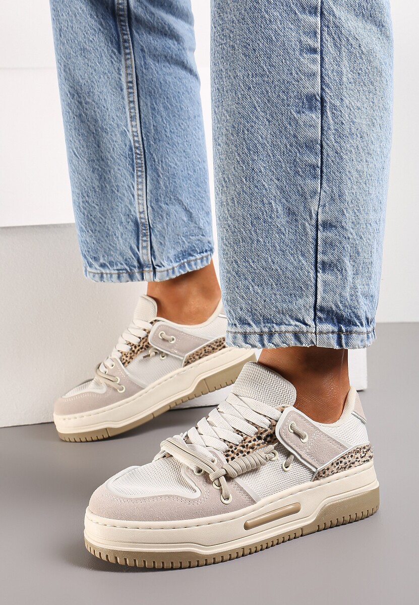 Beżowe Sneakersy na Platformie z Ozdobnymi Sznurówkami Aqara