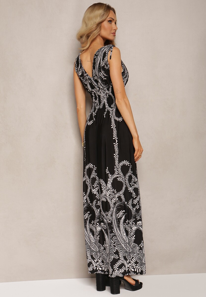 Czarna Sukienka z Gumką w Pasie i Troczkami na Ramionach z Roślinnym Wzorem Ahnipeda