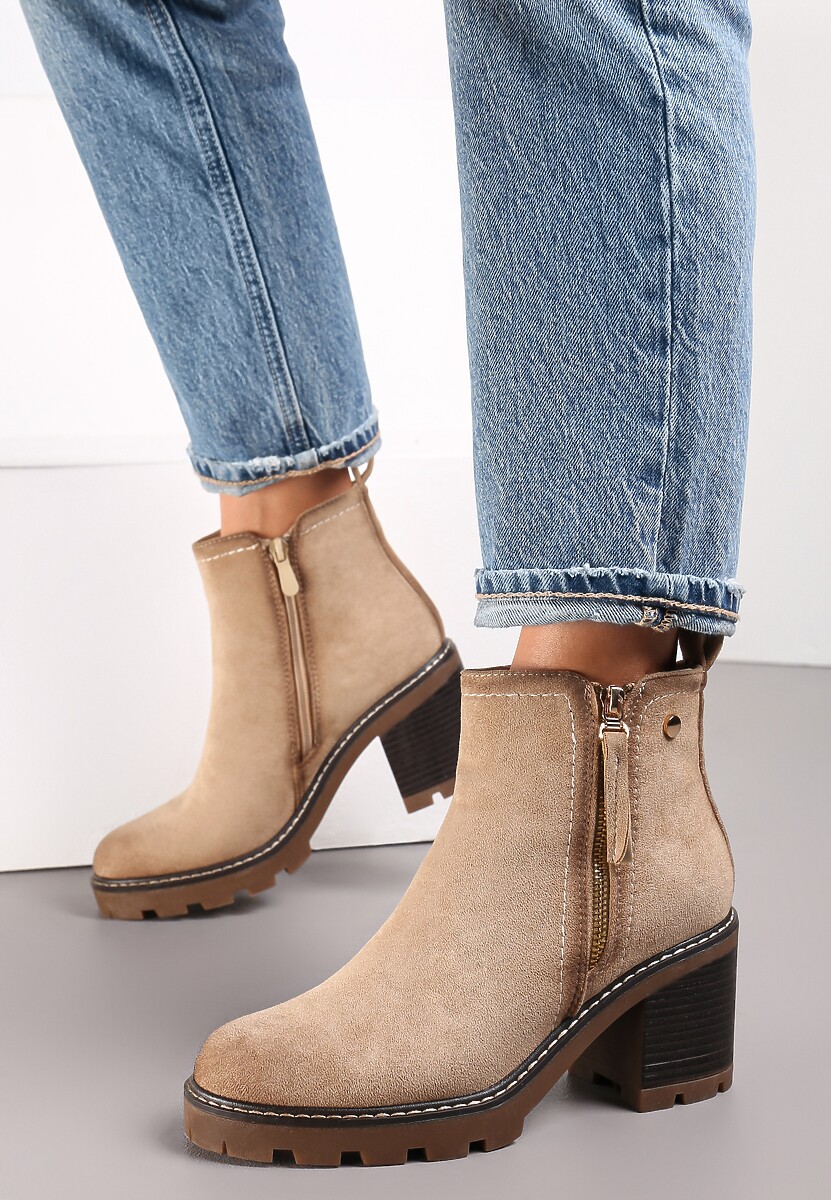 Beżowe Botki na Słupku Boho z Suwakiem Kodra