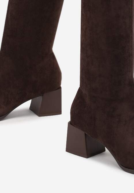 Brązowe Kozaki na Słupku z Imitacji Zamszu Haziela