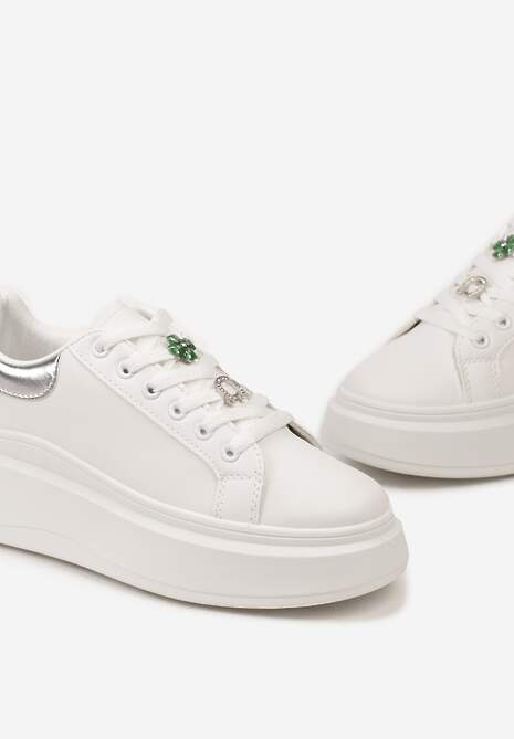 Biało-Srebrne Sneakersy Ozdobione Cyrkoniami i Kwiatami na Grubej Podeszwie Rainasse
