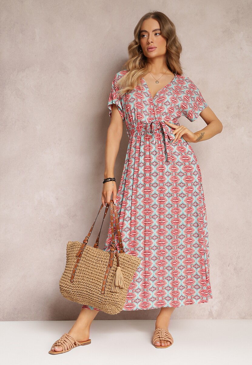 Czerwona Rozkloszowana Sukienka z Wiskozy z Gumką w Pasie Branda