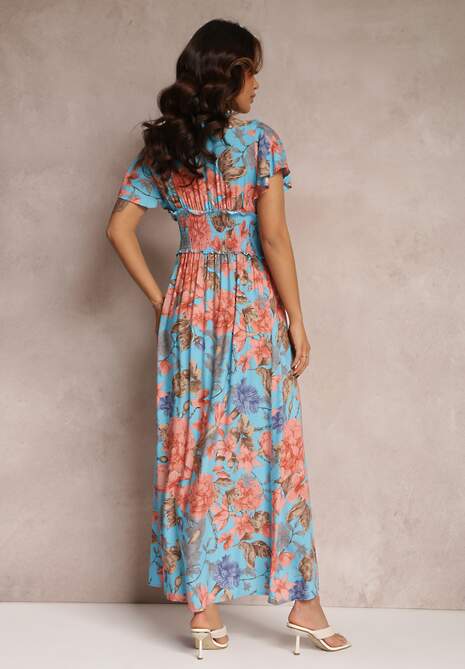 Niebieska Sukienka z Szeroką Gumką w Talii w Kwiaty Shathi