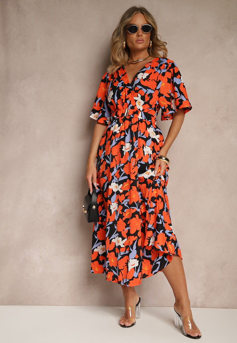 Pomarańczowa Kwiatowa Sukienka z Bawełną Ozdobiona Bufiastymi Rękawami Lunelira
