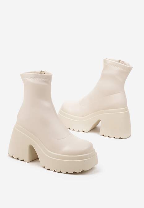 Beżowe Botki na Platformie i Słupku Wykończone Suwakiem i Dopasowaną Cholewką Saliefra