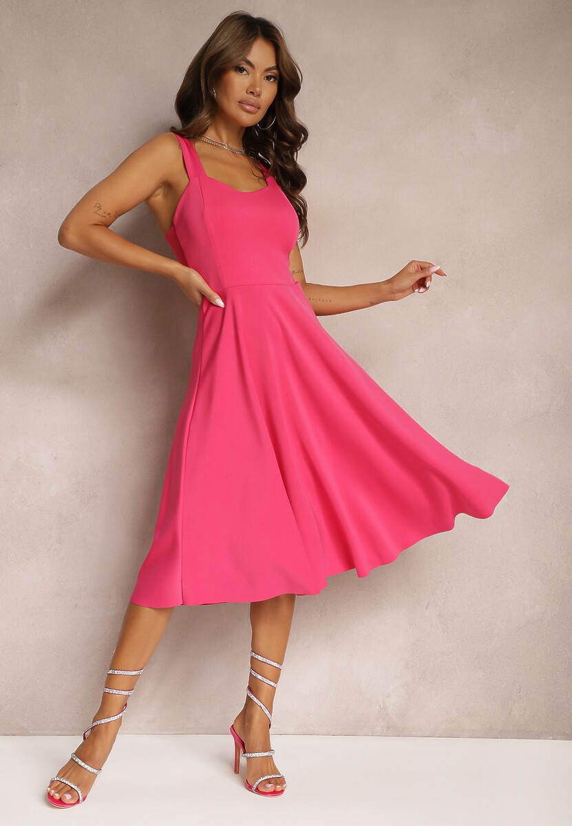 Czerwona Sukienka Midi na Szerokich Ramiączkach z Rozkloszowanym Dołem Kiratta