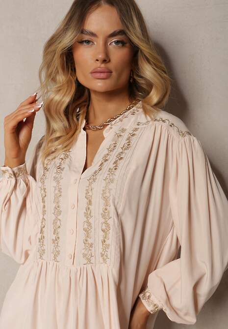 Beżowa Haftowana Sukienka Midi o Pudełkowym Fasonie z Długim Rękawem Rosen