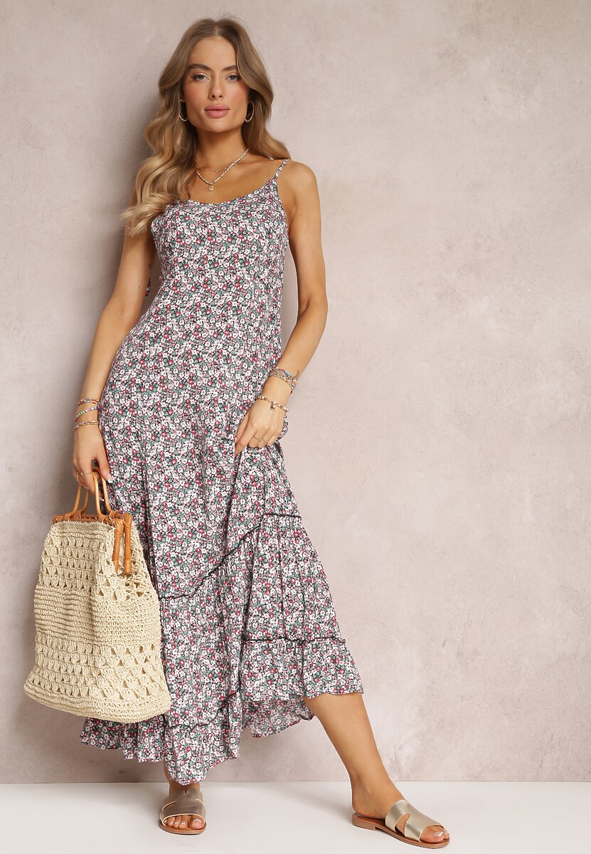 Zielono-Biała Sukienka Maxi z Wiązanymi Ramiączkami i Falbanką na Dole Krosby