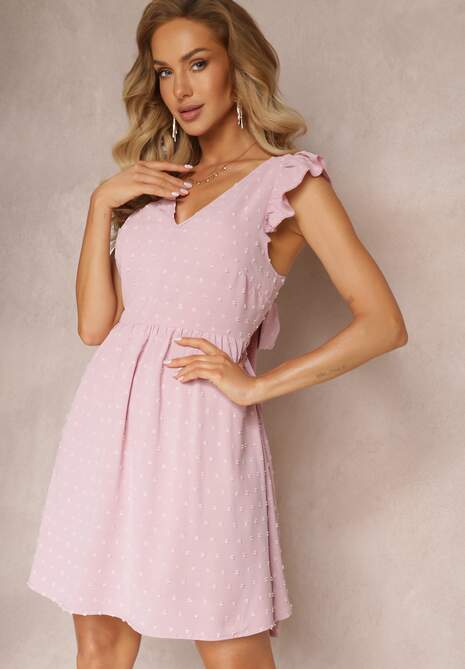 Różowa Mini Sukienka z Odkrytymi Plecami Wykonana z Tkaniny Plumeti Telmolio
