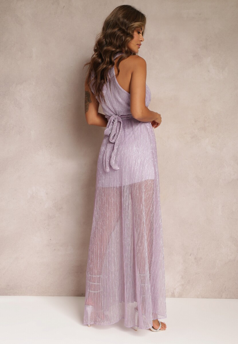 Fioletowa Sukienka z Dekoltem Halter Błyszczącą Nicią i Gumką w Pasaie Ketura