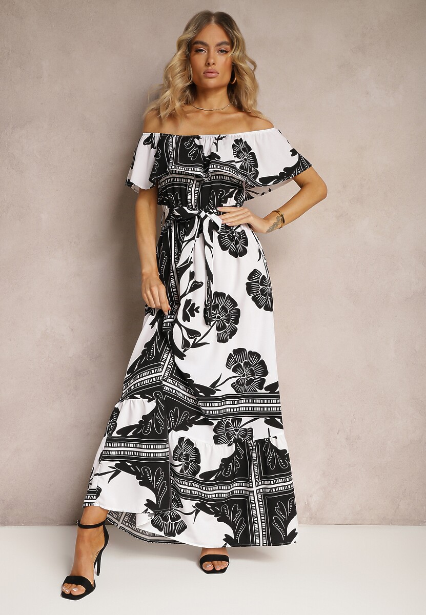 Czarno-Biała Hiszpanka Sukienka z Gumką w Talii i Materiałowym Paskiem z Falbankami Xoneri