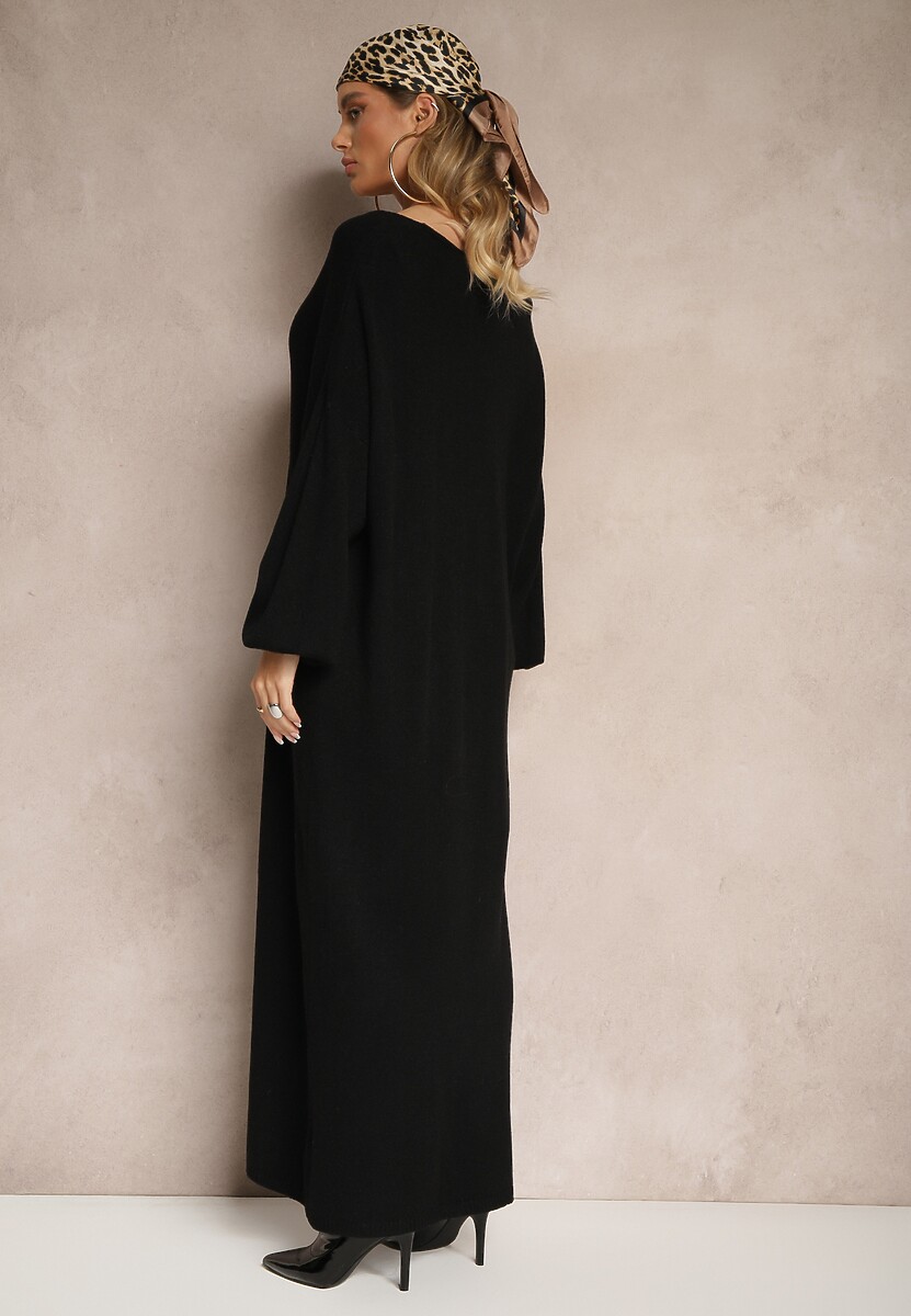 Czarna Pudełkowa Sukienka Sweterkowa z Wiskozą ze Ściągaczami Besizia