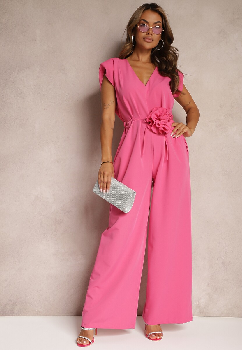 Czarny Kombinezon Wykończony Prostymi Szerokimi Nogawkami z Wiskozą i Kwiatem 3D Dimentia