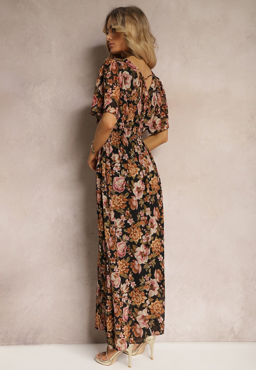 Czarno-Beżowa Sukienka z Kopertowym Dekoltem z Gumką w Talii i Metaliczną Nicią Sollas