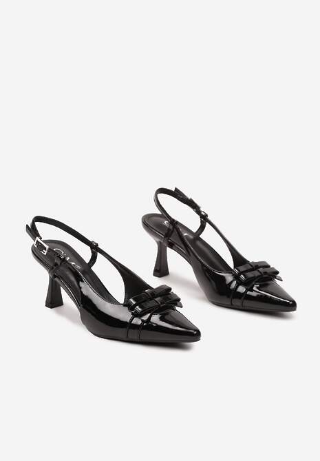 Czarne Lakierowane Sandały na Obcasie z Noskiem w Szpic z Kokardkami Noravis