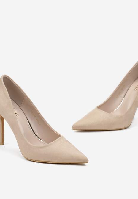 Beżowe Szpilki na Wysokim Obcasie z Imitacji Zamszu Lietske