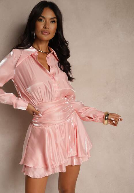 Różowa Wiskozowa Sukienka o Koszulowym Fasonie z Falbanami Lioelle