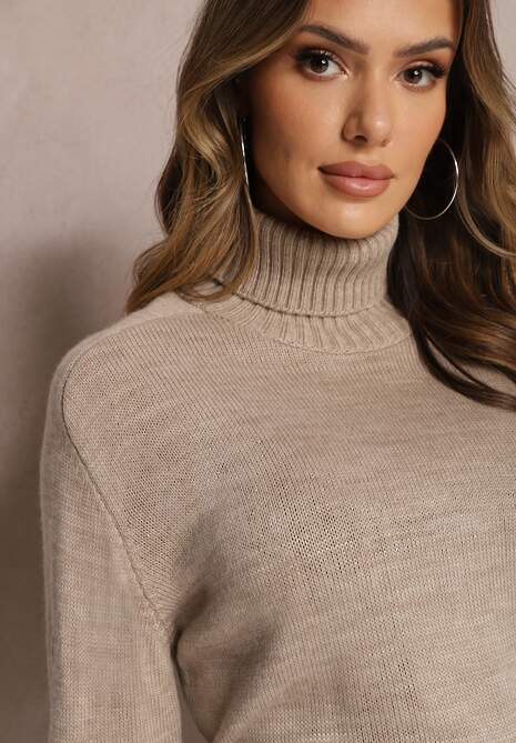 Ciemnobeżowy Luźny Golf o Klasycznym Fasonie z Prążkami na Ściągaczach Basum