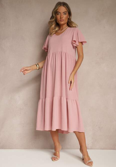 Różowa Rozkloszowana Sukienka z Wiskozą w Casualowym Stylu Filarenna