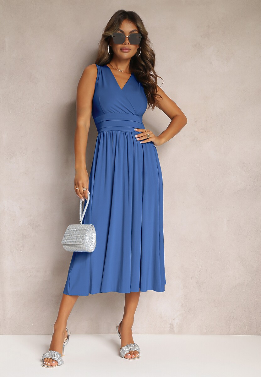 Niebieska Sukienka z Kopertowym Dekoltem i Plisowanym Dołem Anamarie