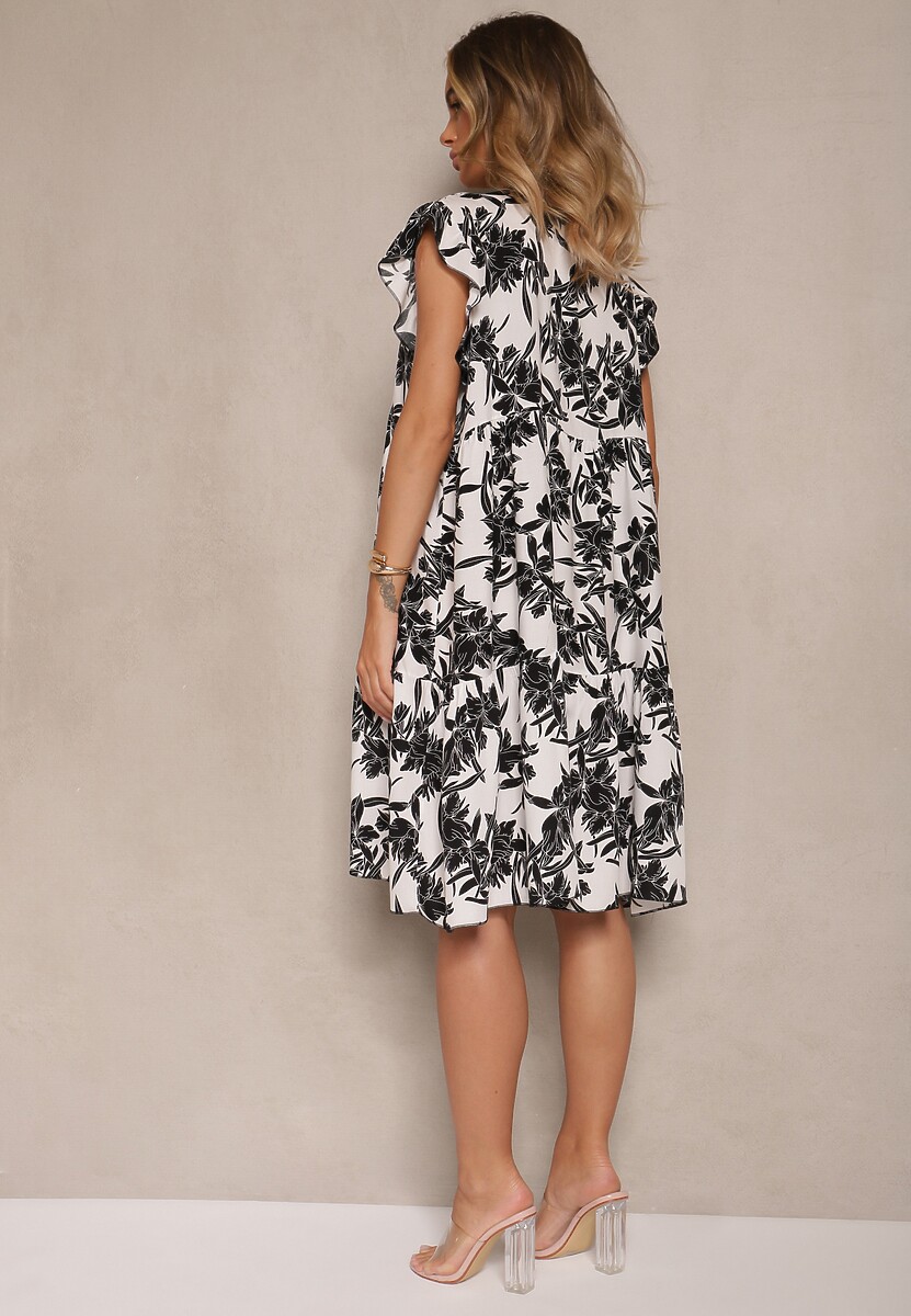 Biała Kwiatowa Rozkloszowana Sukienka z Bawełny Liravira