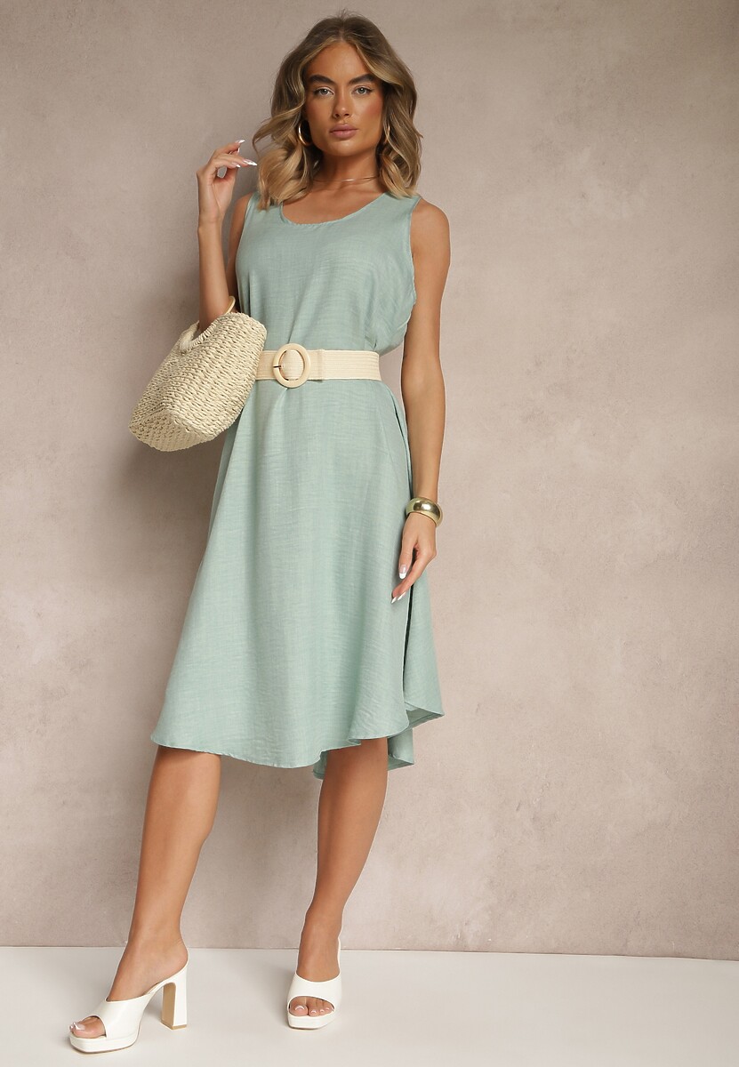 Jasnozielona Basicowa Sukienka o Rozkloszowanym Kroju Mevolira
