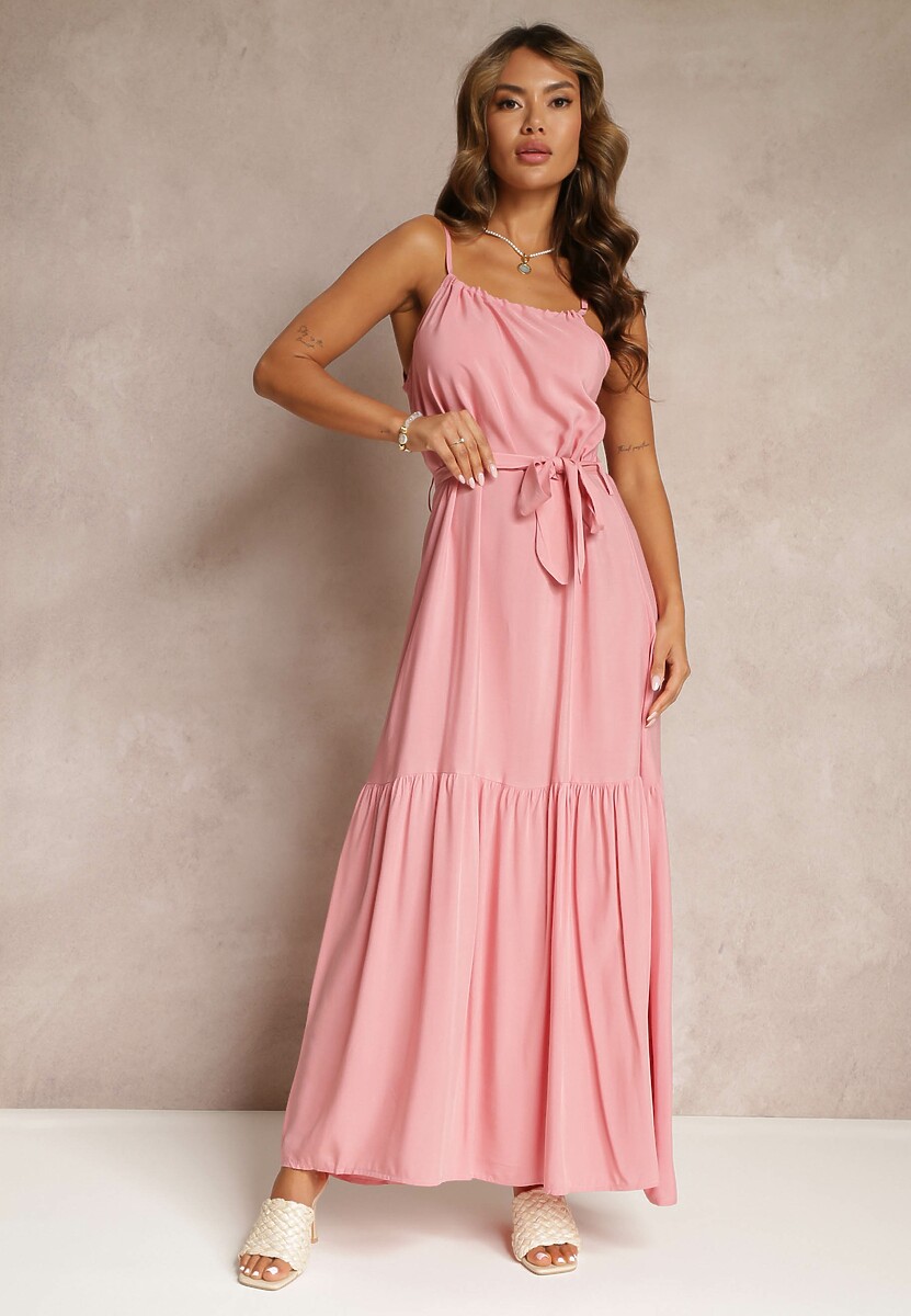 Różowa Rozkloszowana Sukienka na Ramiączkach z Wiązanym Paskiem Diadite