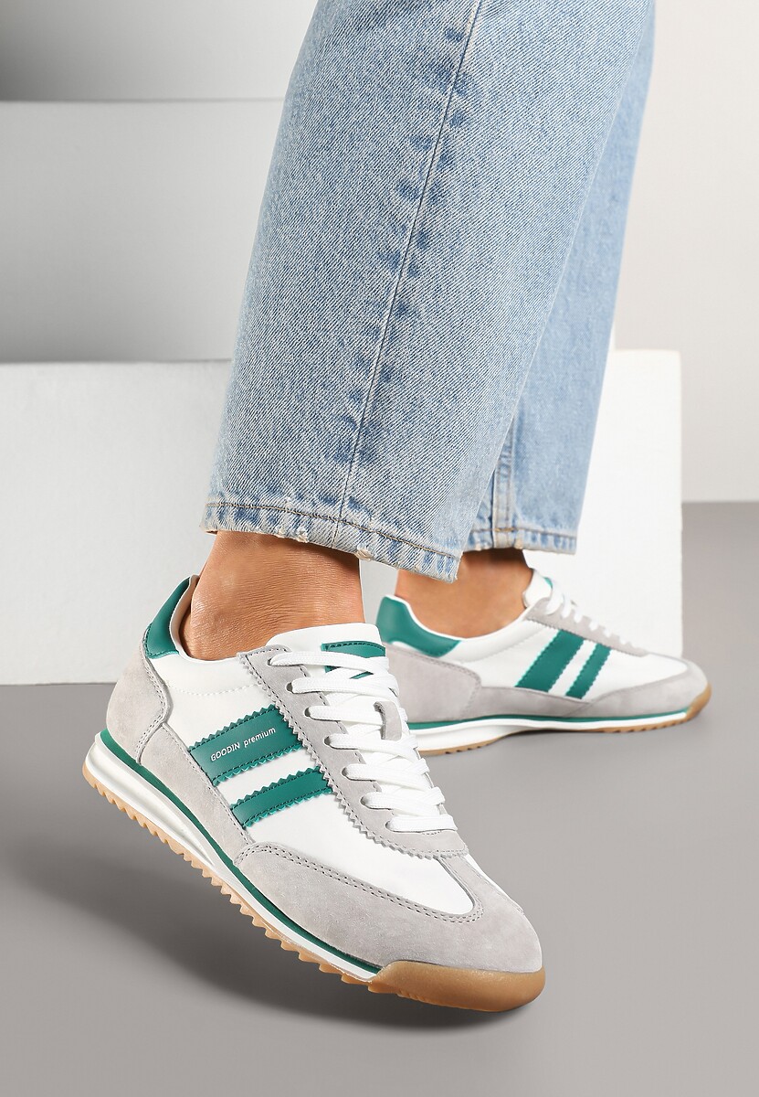 Biało-Szare Sneakersy ze Skórzaną Wkładką i Ozdobnymi Paskami Nasnella