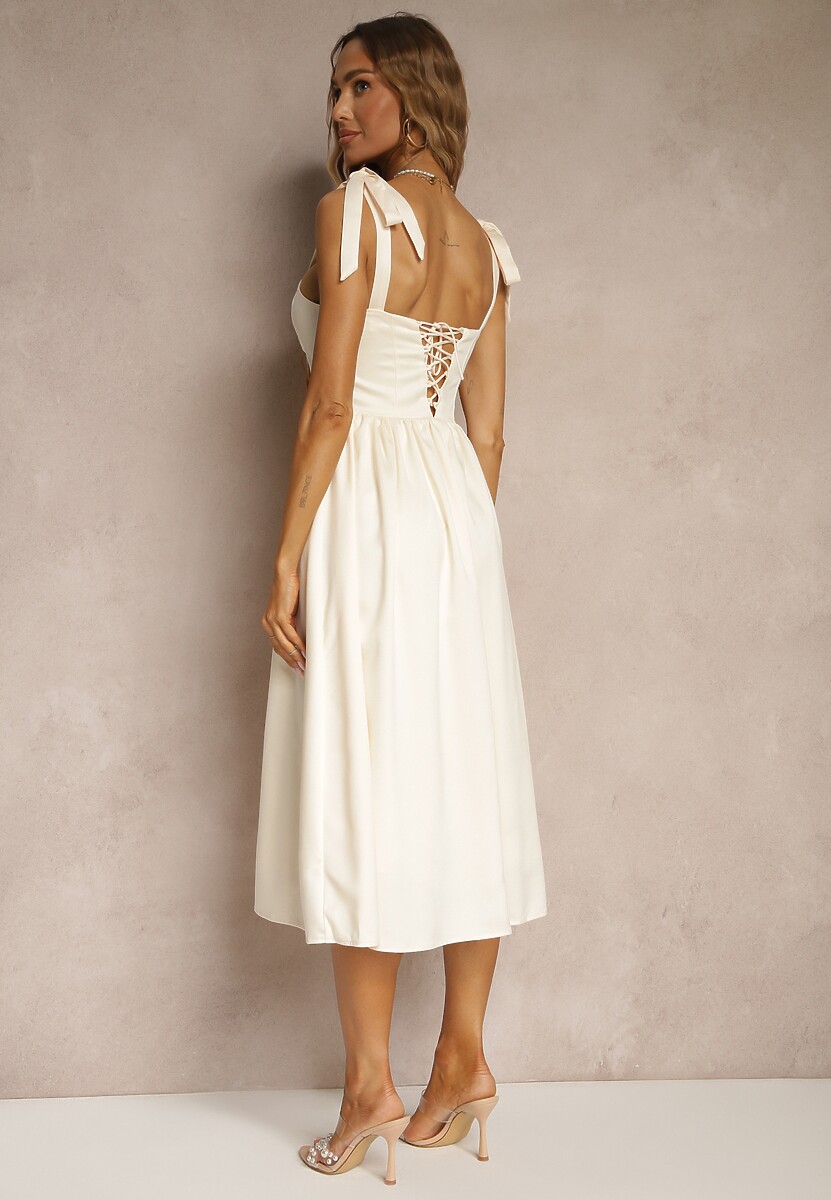 Jasnobeżowa Sukienka Vices o Rozkloszowanym Kroju z Wiązanymi Ramiączkami Natirise