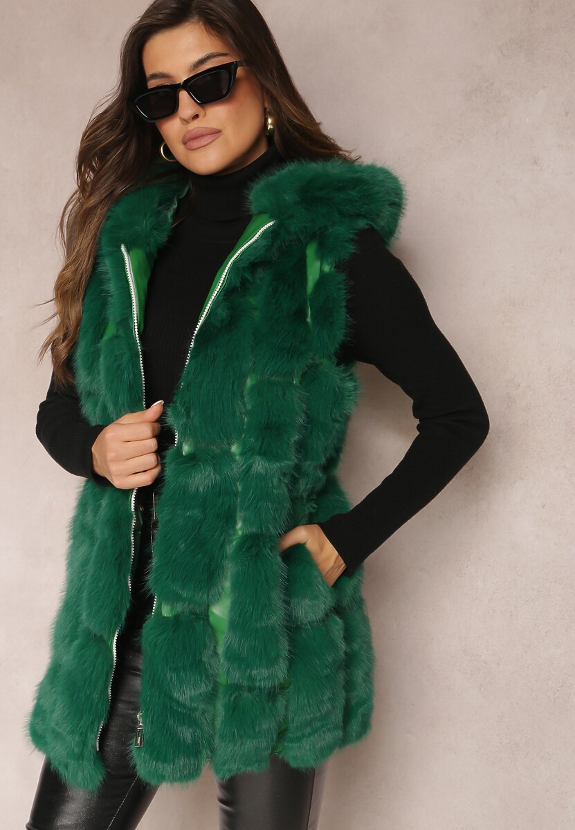 Żółta Futrzana Kamizelka z Kapturem Konessa