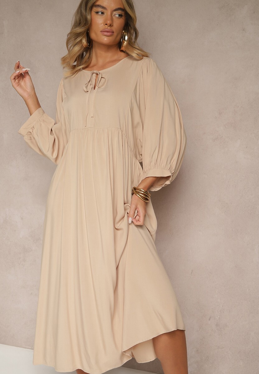 Beżowa Wiskozowa Sukienka o Rozkloszowanym Kroju Wiązana przy Dekolcie Tilvessa