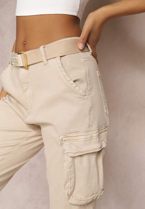 Beżowe Spodnie Cargo z Paskiem z Klamrą w Komplecie Elinata