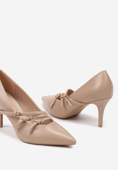 Ciemnobeżowe Czółenka na Szpilce Ozdobione Paskami Relabina