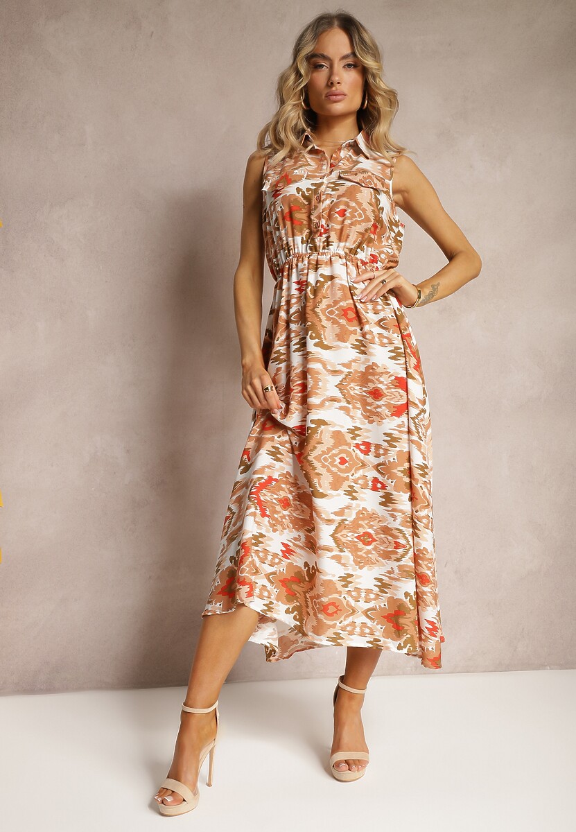 Beżowa Rozkloszowana Sukienka z Ozdobnymi Naszyciami na Dekolcie w Abstrakcyjni Print Flubia