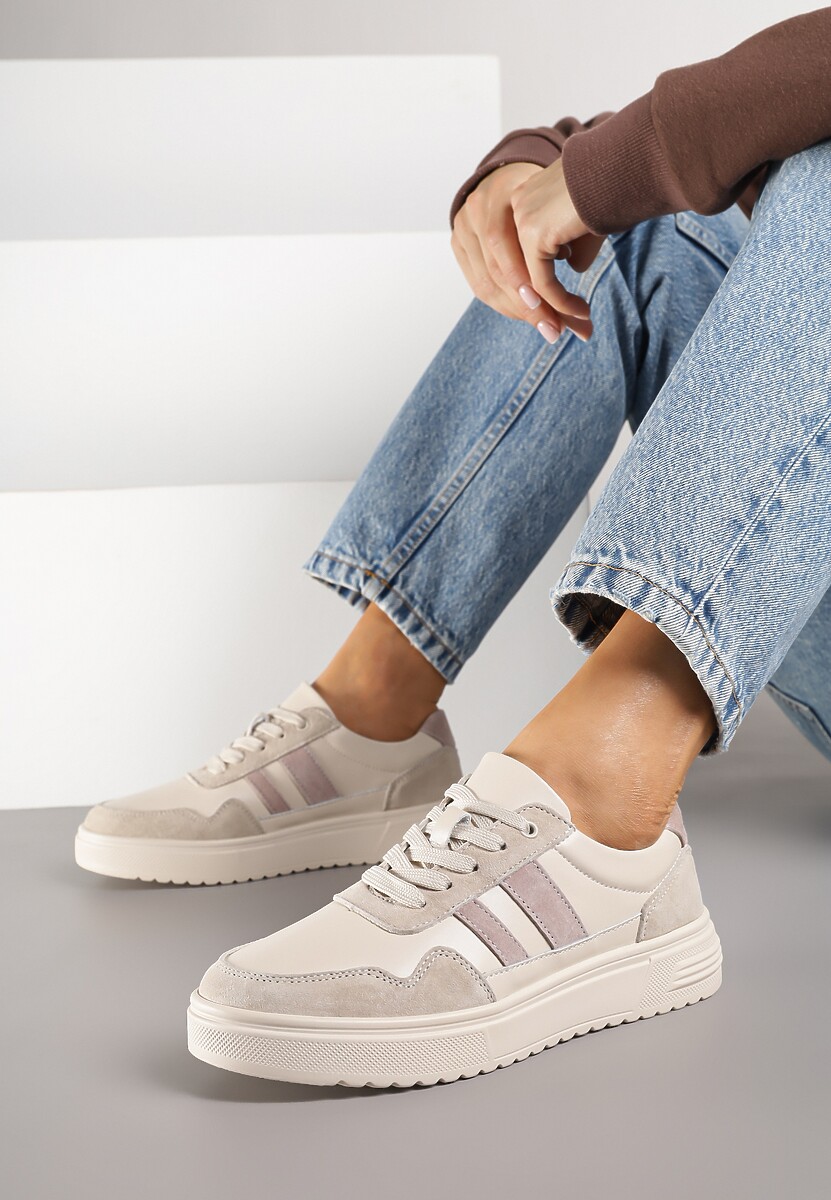 Beżowe Sneakersy ze Skóry Naturalnej Ozdobione Paskami Arabbela