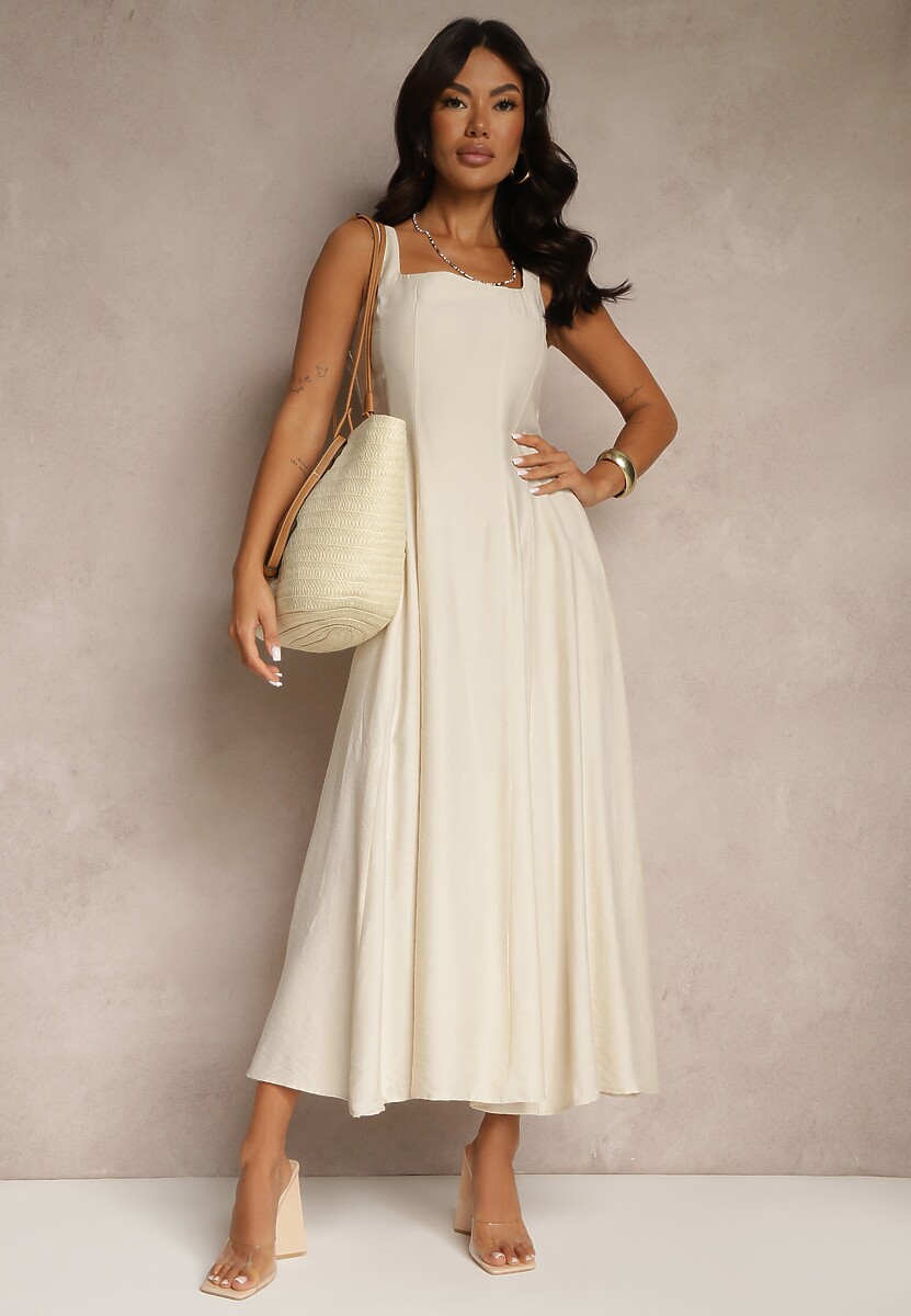 Beżowa Rozkloszowana Sukienka z Wiskozy Ozdobiona Kwadratowym Dekoltem Avledia